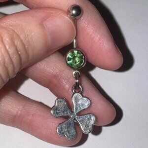 Green Gem Shamrock Dangle Belly Ring